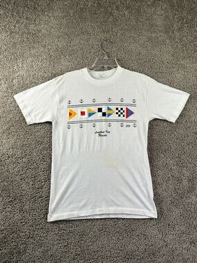 VINTAGE 80s Florida Shirt Mens Large White Single Stitch Sailing Pennants FLAW